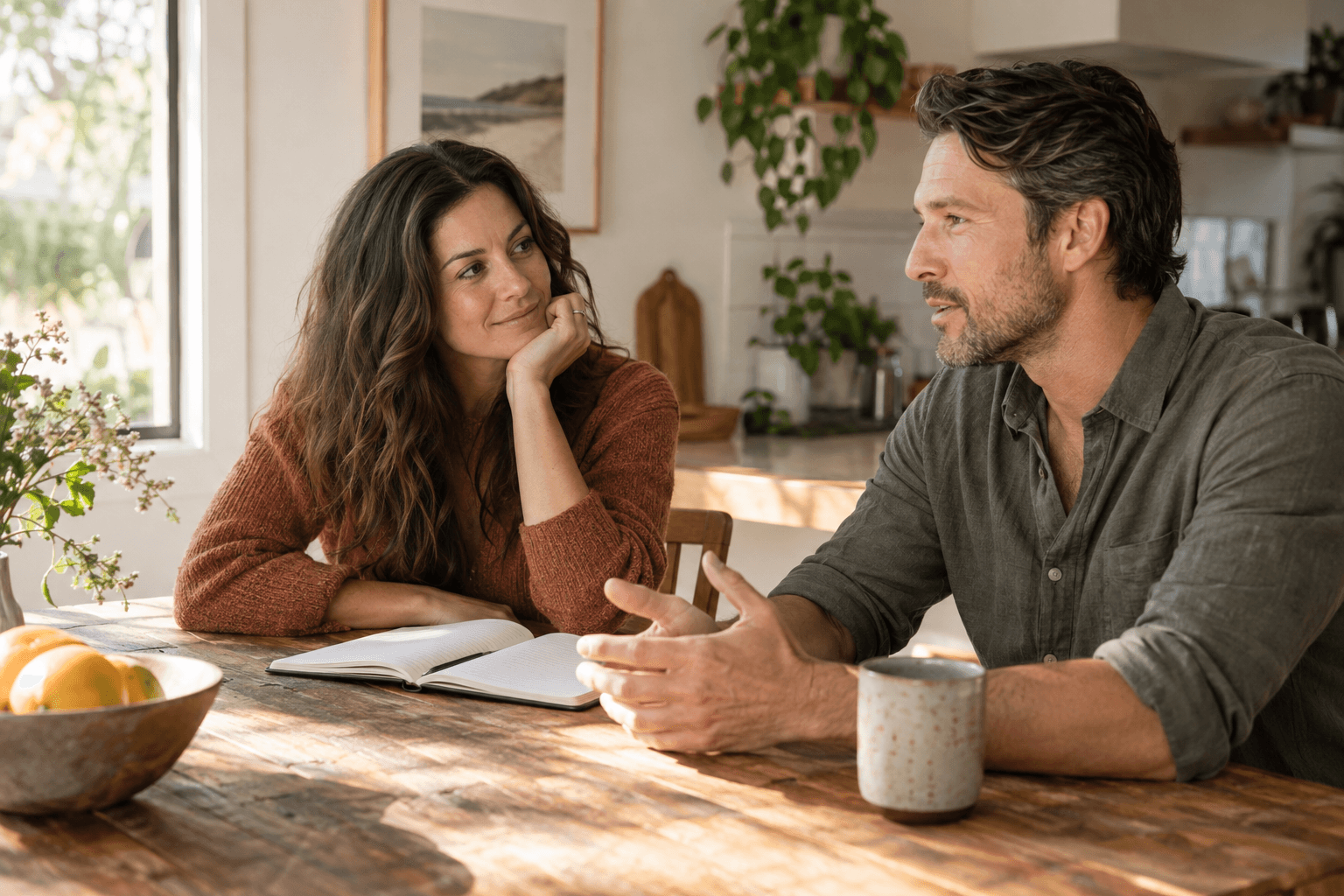 Two adults sharing a thoughtful conversation at home